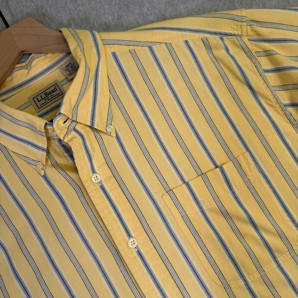 L.L. Bean Mens XL Yellow Striped Button Down Shirt Cotton Short Sleeve